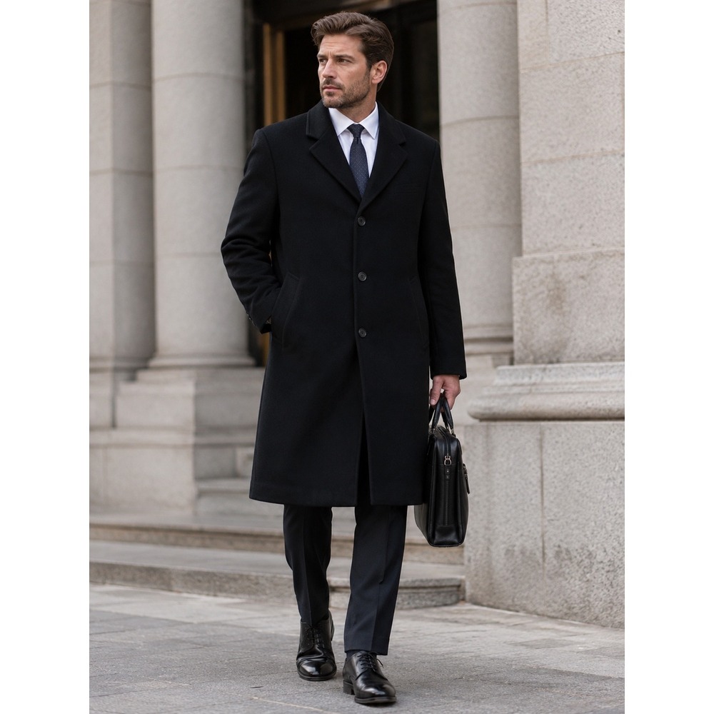 Mack & Schneider Men's 42R Black Overcoat Topcoat Button Front Dress Coat wool